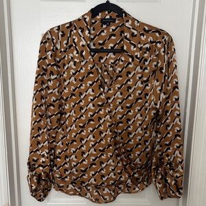 Pleione Geometric Brown faux Wrap Blouse